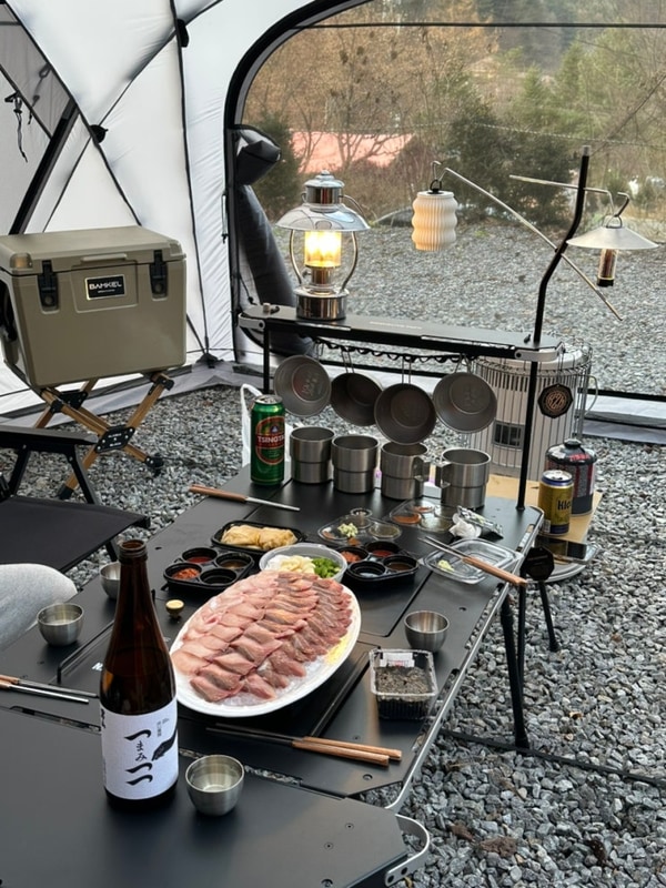 겨울캠핑 가평 케이캠핑장 겨울캠핑음식 방어회, 소고기...