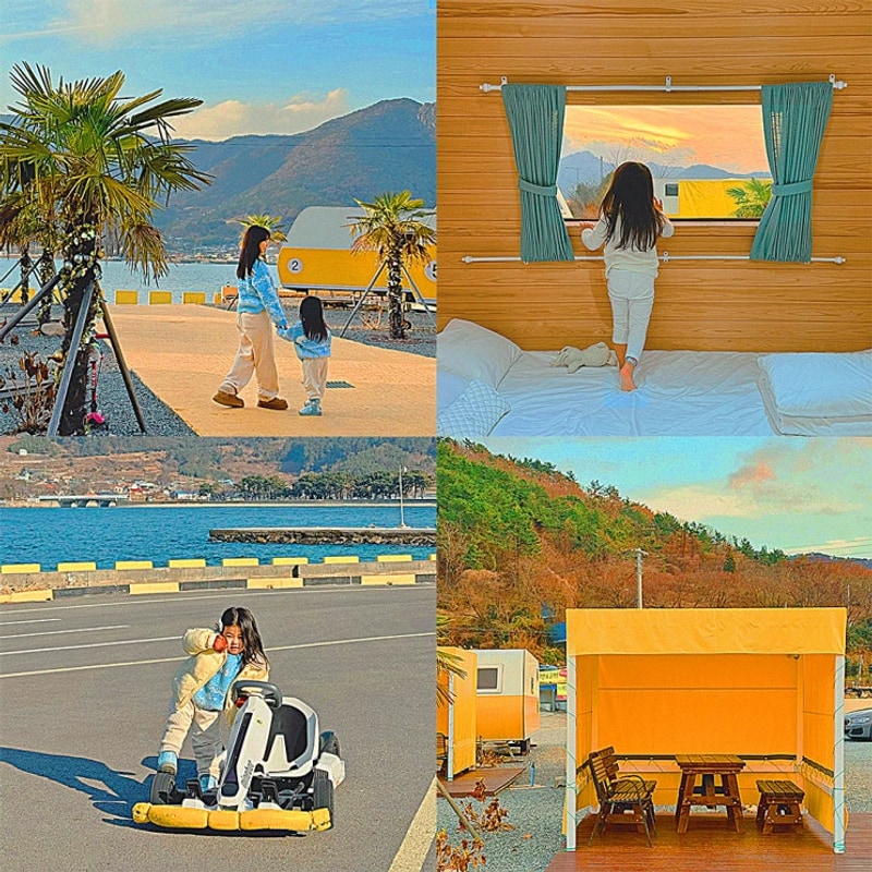 남해 아이와여행 갯벌체험... 수 있는 오션뷰 글램핑 " 노랑카라반 "